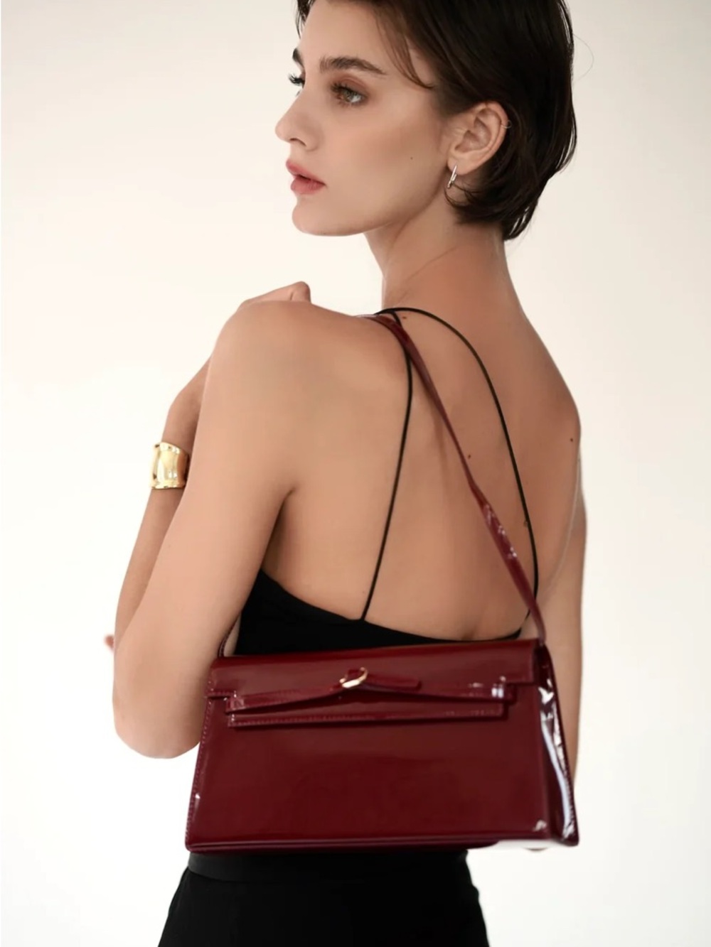Verafied Patent Dark cherry Women’s Leather Shoulder Bag - Picture 8 of 9
